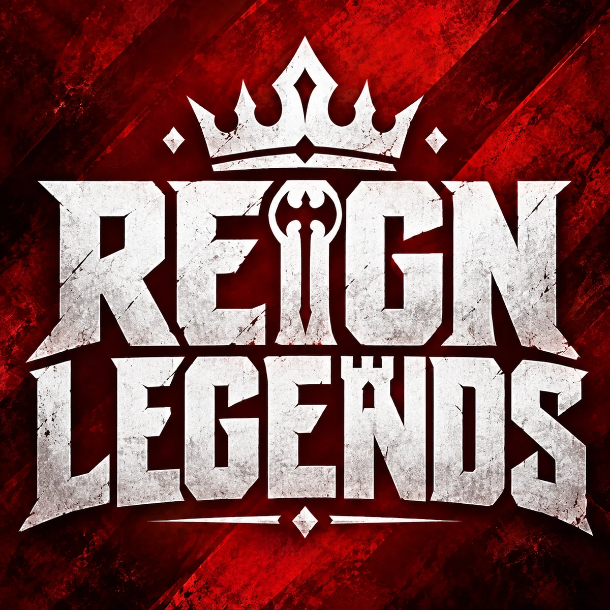 Reign Legends — taç ve balta simgeli beyaz logo, kırmızı zemin